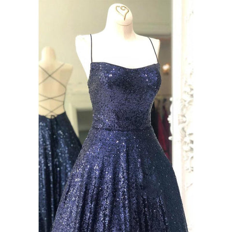 Robe de bal scintillante à paillettes bleu marine unique 