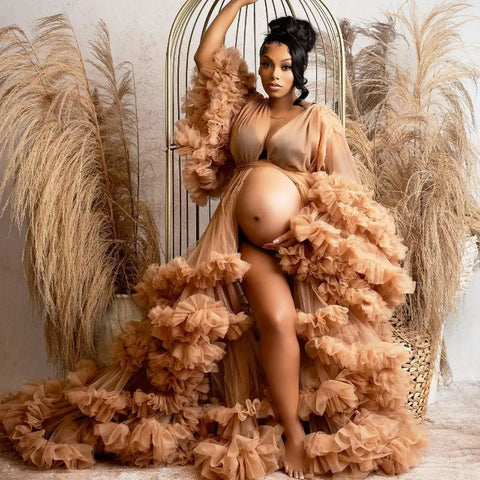 Prom Dress Sexy V-Neck Ruffle Front Split Pregnancy Photography Tauze Sleeve Ruffled Maternity Wear