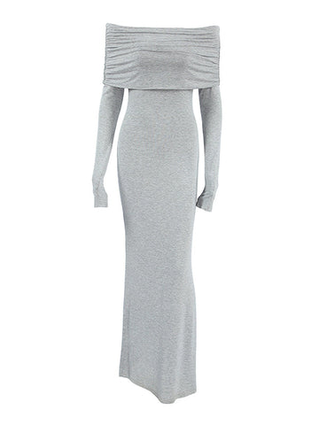 Long Sleeves Skinny Pleated Solid Color Split-Joint Off-The-Shoulder Evening Dresses Maxi Dresses