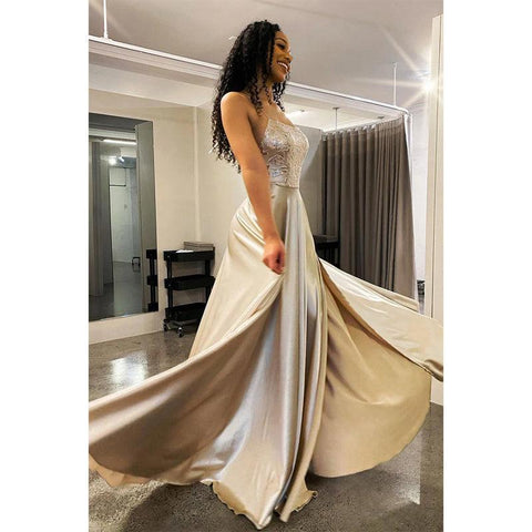 Vestido de fiesta de mujer con tirantes finos, apliques de encaje, corte A y abertura 