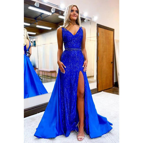 Vestido de fiesta largo con escote en V y apliques de lentejuelas y abertura