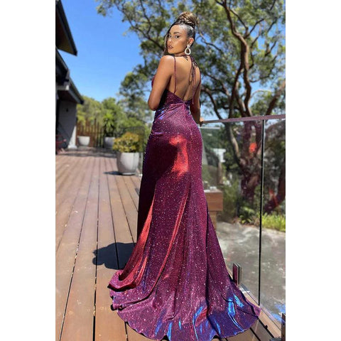 Robe de bal longue à bretelles spaghetti et col en V, froncée et scintillante