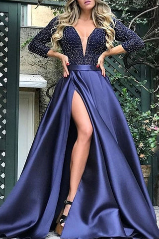 Elegante vestido de noche con escote en V y lentejuelas lisas. 