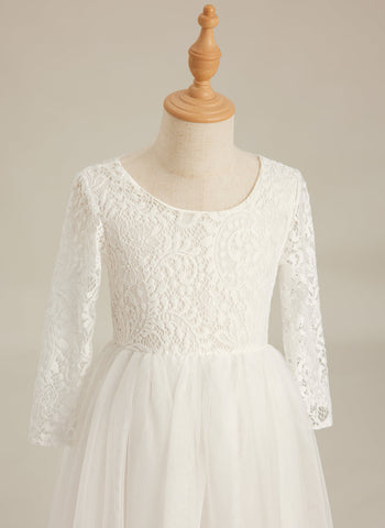 Angelic White Lace A-Line Long Sleeve Tulle Flower Girl Dress