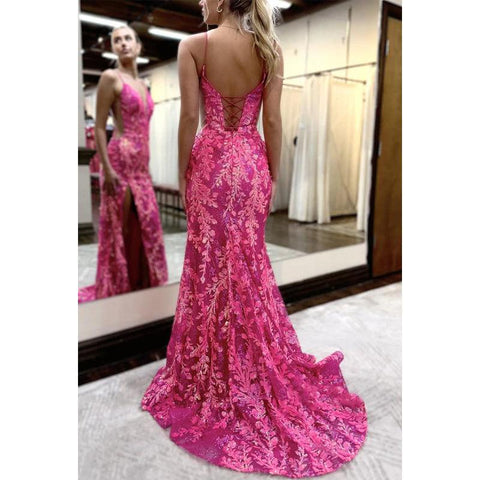 Vestido de noche para fiesta de graduación con escote en V, tirantes finos, apliques de encaje y abertura lateral 