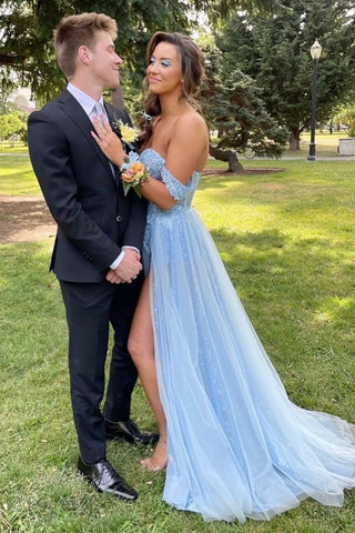 A Line Off the Shoulder Blue Long Prom Dress with Appqliues Split Front