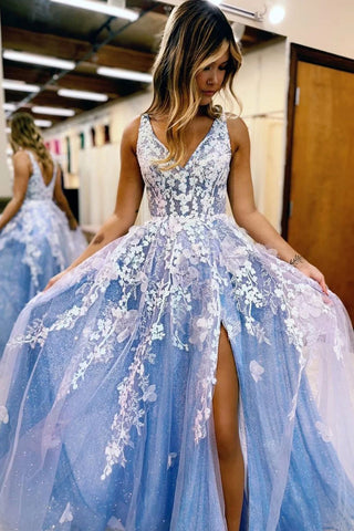 A Line Deep V Neck Blue Long Prom Dress with Appliques