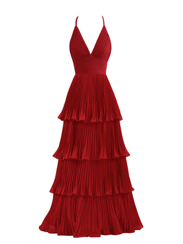 Vestido de dama de honor de gasa de corte A con volantes hasta el suelo