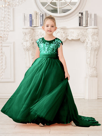 A-line Lace Tulle Sweep Train Pink Flower Girl Dress