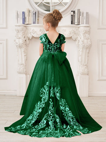 A-line Lace Tulle Sweep Train Pink Flower Girl Dress