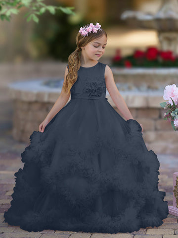A-line Satin Tulle Floor-length Cascading Ruffles Flower Girl Dress