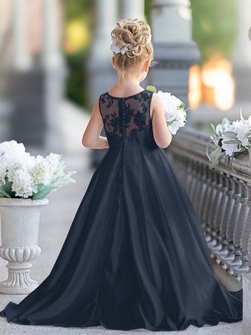 A-line Lace Satin Floor-length First Communion Flower Girl Dress