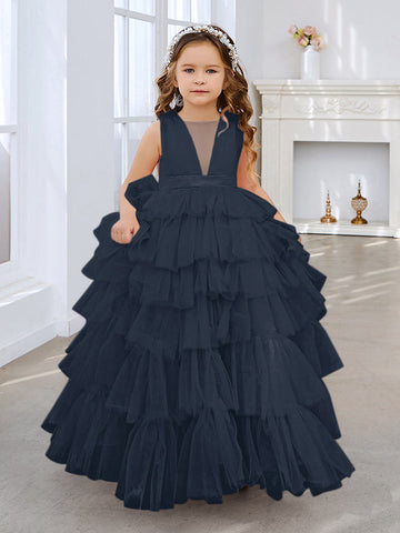 Ball-Gown/Princess Pearl Pink Sleeveless Tulle Bow Flower Girl Dress