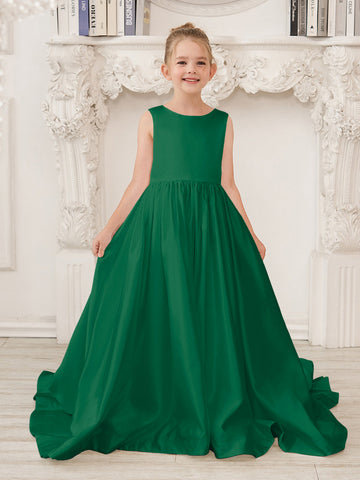 A-Line Princess Sleeveless Satin Flower Girl Dress with Sweep Train and Bow