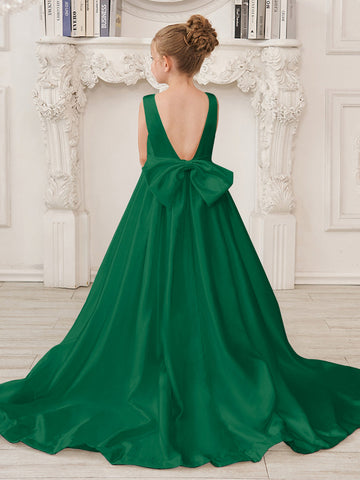 A-Line Princess Sleeveless Satin Flower Girl Dress with Sweep Train and Bow