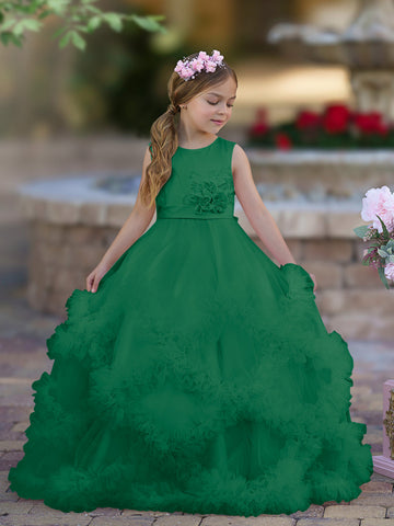 A-line Satin Tulle Floor-length Cascading Ruffles Flower Girl Dress
