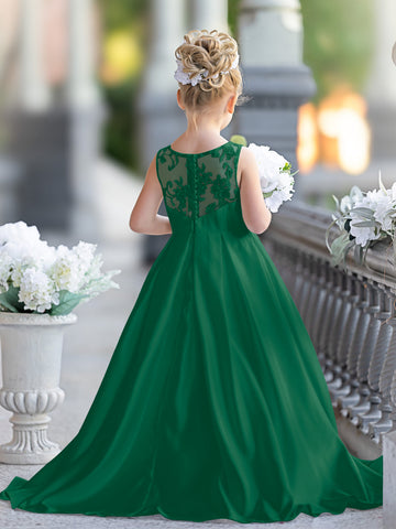 A-line Lace Satin Floor-length First Communion Flower Girl Dress