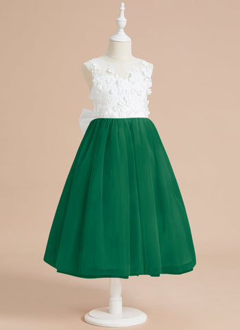 Floral Lace and Large Bow Tea-length Dress