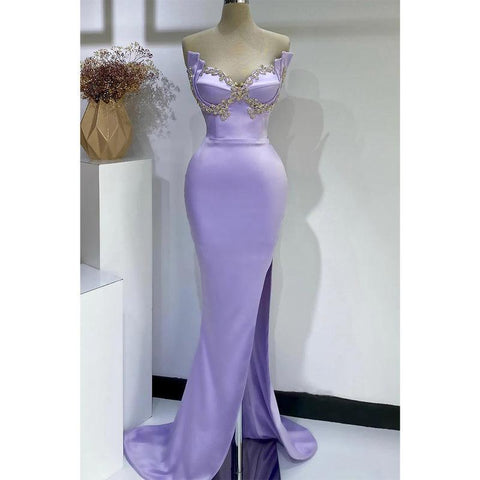 Robe de soirée trompette bustier en dentelle avec fente latérale et perles 