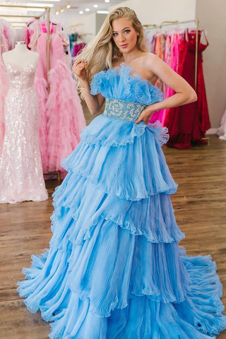 Trendy A Line Strapless Blue Tired Long Prom Dress with Beading