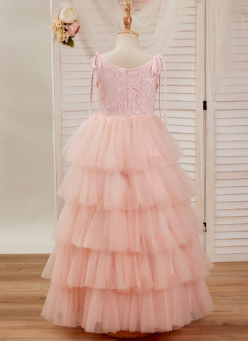 A-line Lace Tulle Floor-length Pink Dress (010220942)