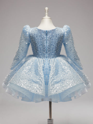 Long Sleeves Knee-length Blue Sequins Girl birthday Dress