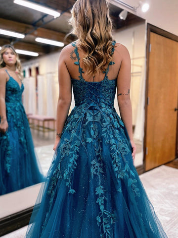 A Line Ink Blue Glitter Tulle Lace Prom Dress