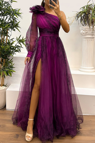 Vestidos de noche sexys para baile de graduación con estampado floral, abertura, malla en forma de flor y hombros caídos (6 colores) 