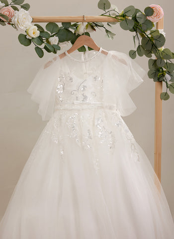 A-line Tulle Sweep Train Ivory First Communion Flower Girl Dress
