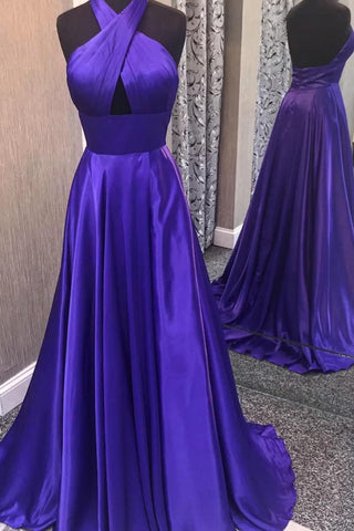 A Line Halter Purple Long Prom Dress with Backless
