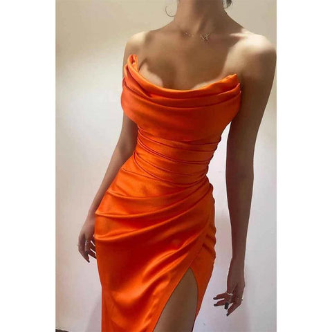 Robe de soirée longue plissée en satin sans bretelles, fourreau/colonne, avec fente 