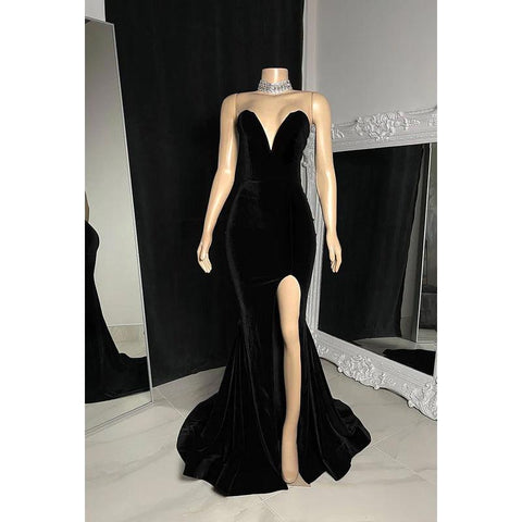 Vestido de fiesta de terciopelo con abertura, sin mangas y corte tubo/columna, para Black Slay