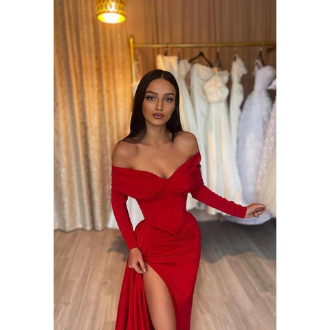 Sheath/Column Off Shoulder Long Sleeves Ruched Satin Long Prom Dress