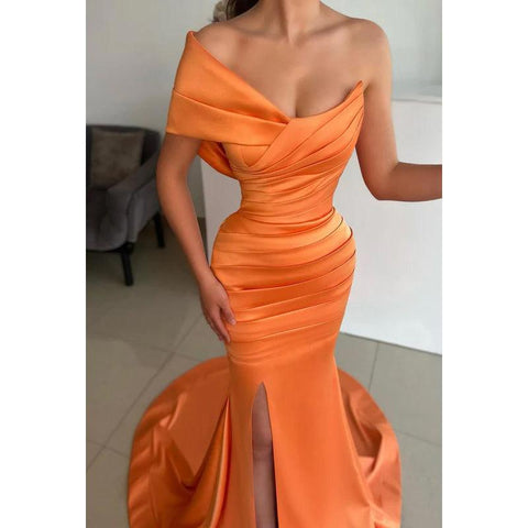 Vestido de noche largo de sirena de satén fruncido sin mangas con un solo hombro