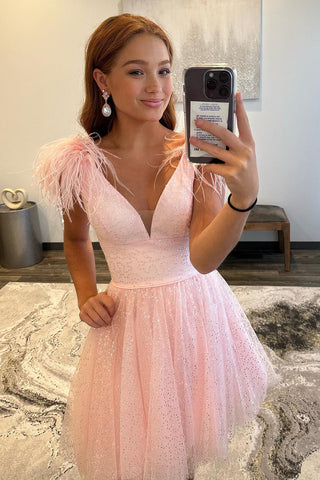 A Line Deep V Neck Light Pink Short Homecoming Dress with Feather