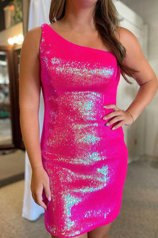 Robe de bal courte à sequins rose fuchsia Sweet Magic, asymétrique à une épaule.