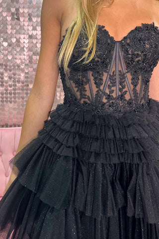 Lindo vestido de fiesta de línea A, escote corazón, corsé rosa claro con volantes