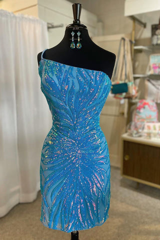 Robe de bal courte à paillettes violettes asymétriques et fourreau scintillant