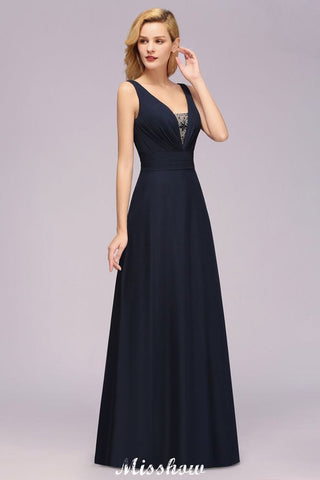Deep V-Neck Beading A-line Bridesmaid Dress Floor Length Maid of Honor Dress