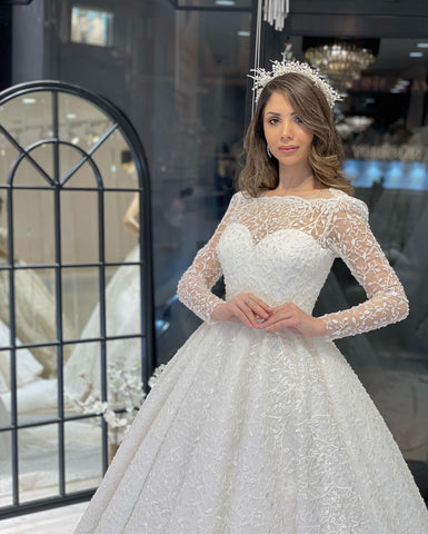 Deluxe Floor Length Long Sleeves A-Line Lace Wedding Dress with Ruffles