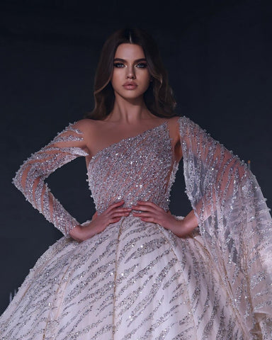 Deluxe Floor Length One-Shoulder A-Line Sequined Wedding Dress with Ruffles