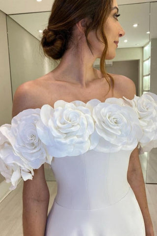 Designer A-Line Satin Off-The-Shoulder Sleeveless White Wedding Dresses With Split