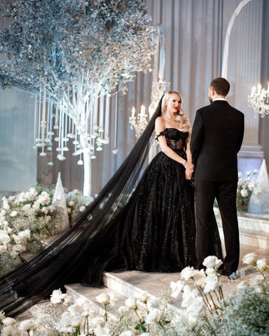 Designer Black A-Line Off-the-shoulder Glitter Wedding Dresses With Lace