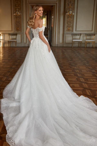 Designer Long A-line Off-the-shoulder Lace Wedding Dresses With Glitter