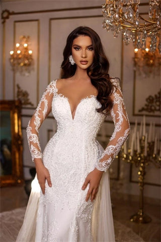 Designer Long A-line V-neck Lace Appliques Wedding Dresses With Long Sleeves
