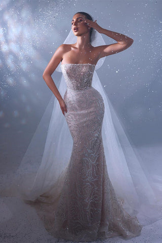 Designer Long Mermaid Sleeveless Lace Wedding Dress With Train