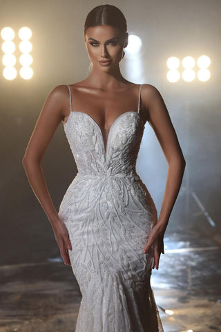 Designer Long Mermaid Spaghetti Straps V-neck Wedding Dress With Lace