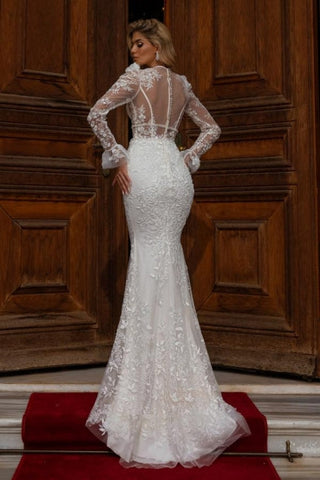 Designer Long Mermaid V-neck Lace Wedding Dresses With Long Sleeves