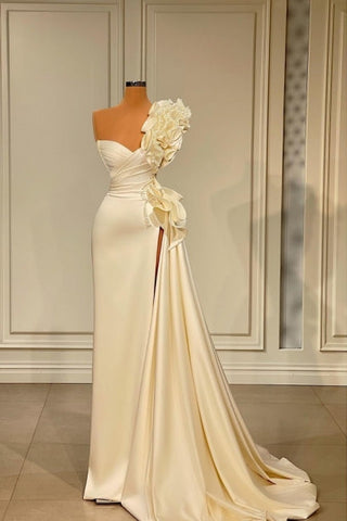 Designer Long White One Shoulder Ruffles Split Wedding Dress With Glitter