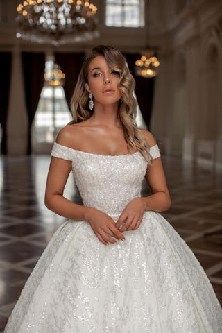 Designer Princess Long White Off-the-shoulder Glitter A-line Wedding Dresses